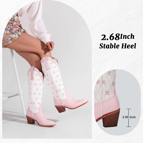 Women's Light Pink Knee High Embroidered Cowgirl Boots with Bow Chunky Heel Boot - Picture 4 of 6